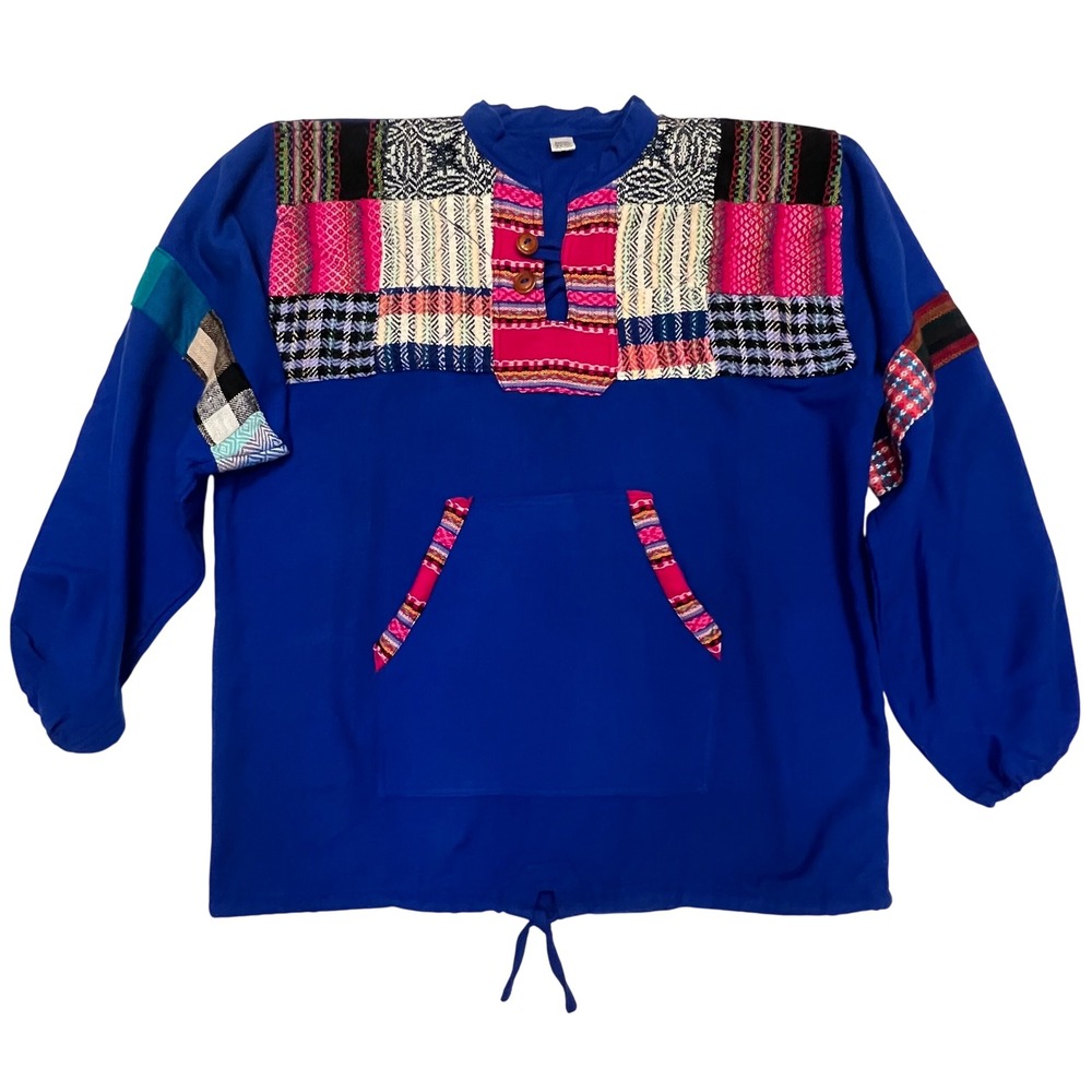 Andes Guatemalan Woven Blue Wool Cotton Patchwork Artisan Boho Pullover Size XL